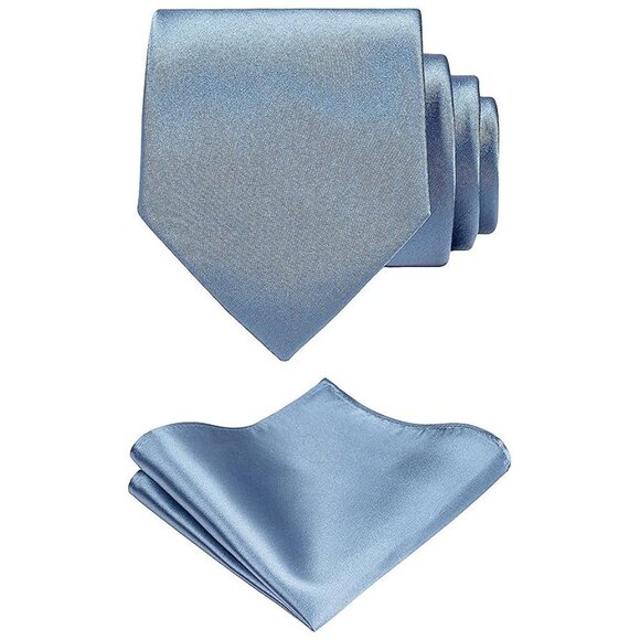 Solid Satin Woven dyed Color Formal Necktie and Pocket Square Dusty Blue - Picture 1 of 6